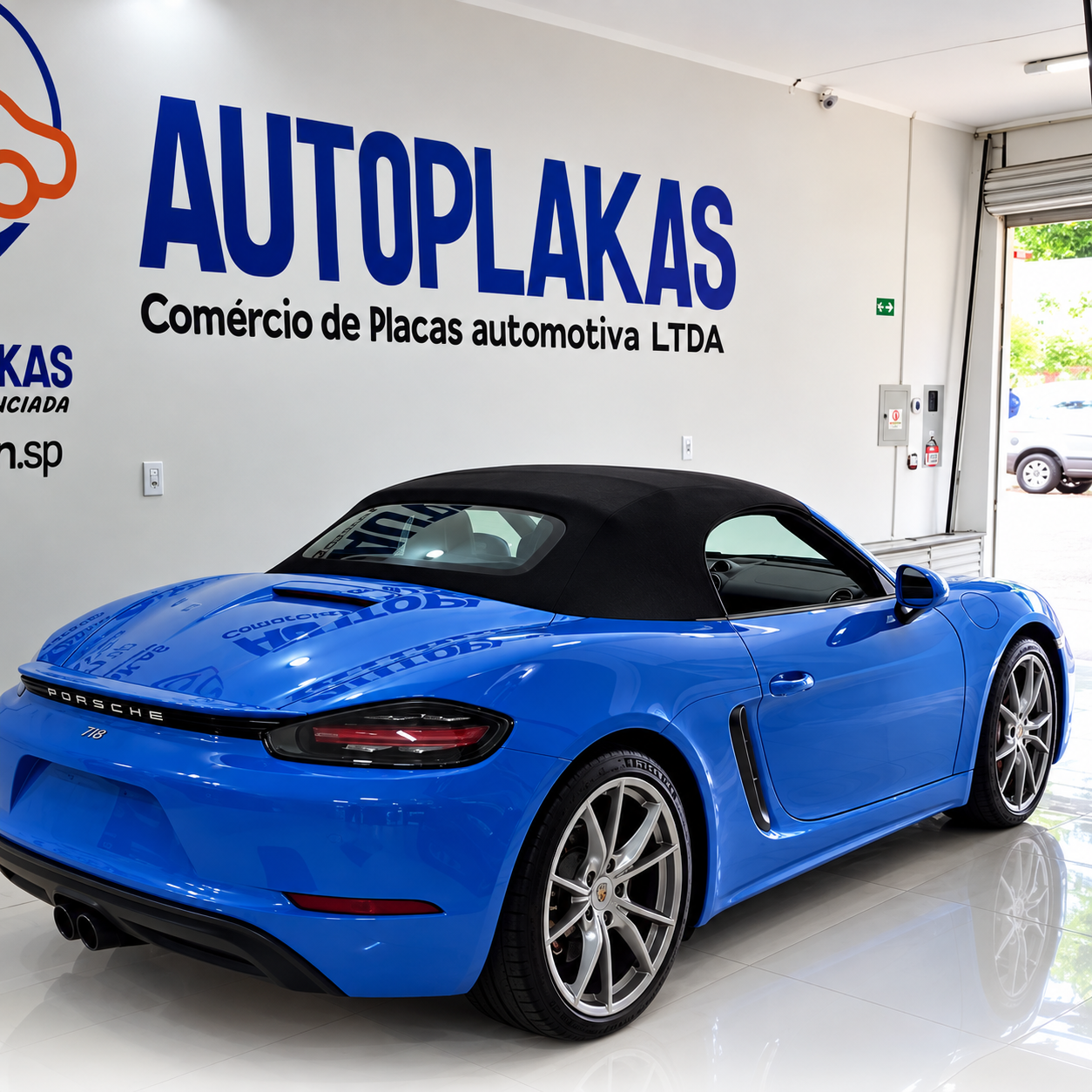 Veículo azul no espaço de atendimento da Autoplakas